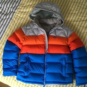 L.L.Bean Youth Down Grey Blue Orange Retro Colorblock Jacket (L 14-16) LL BEAN